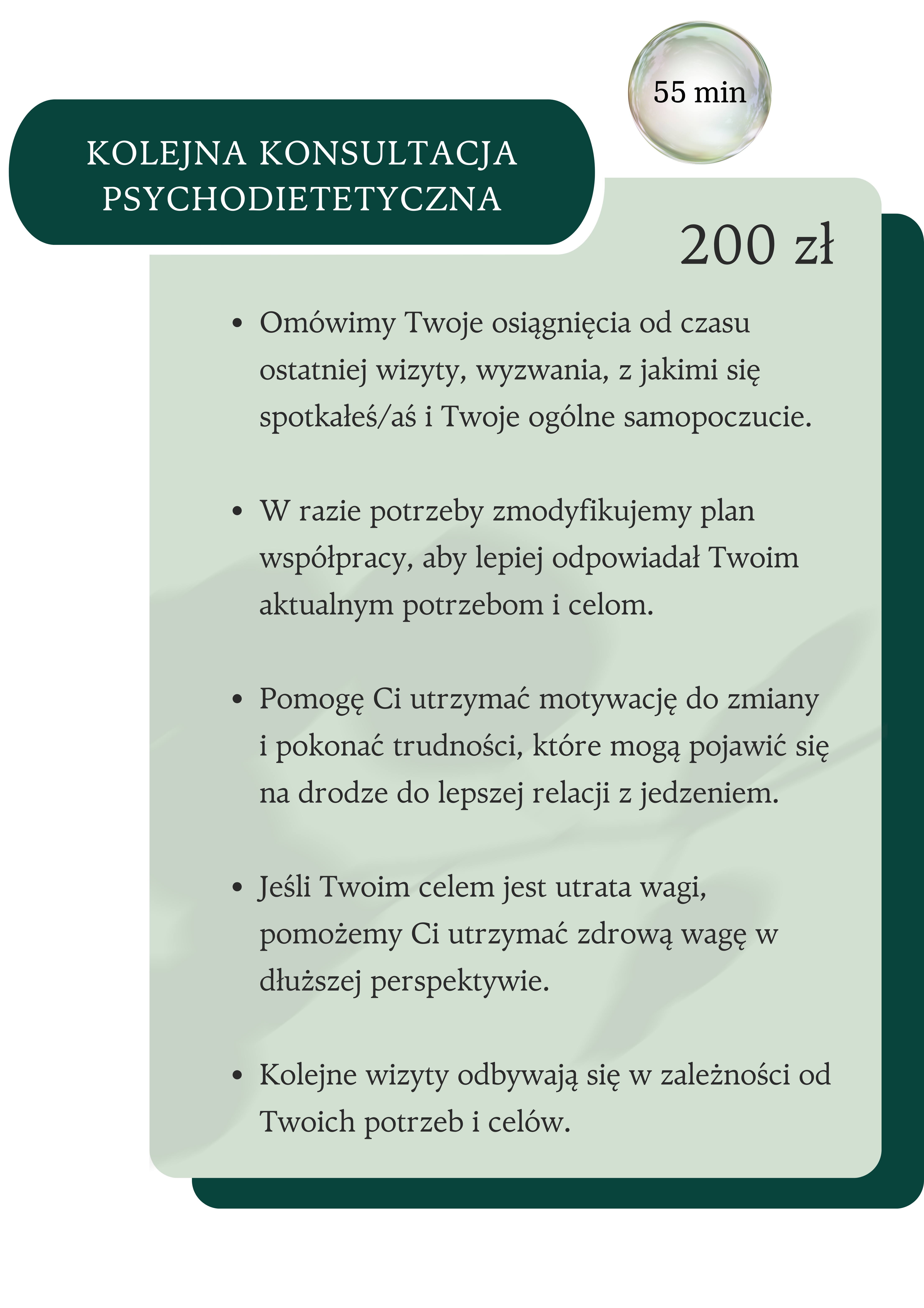 Podczas rozmowy omówimy Twoje cele, trudności i wyzwania związane z jedzeniem.
Określimy wspólnie zasady współpracy, zakres działań i oczekiwane rezultaty.
Dokładnie przeanalizujemy Twoje nawyki żywieniowe, historię odchudzania, relację z jedzeniem i stan zdrowia.
W zależności od Twoich potrzeb, możemy przeprowadzić dodatkowe badania psychologiczne, aby lepiej zrozumieć Twoje funkcjonowanie emocjonalne i poznawcze.
Wspólnie ustalimy konkretne i mierzalne cele, do których będziesz dążyć w ramach naszej współpracy.